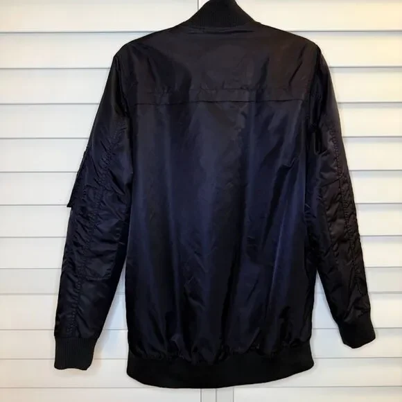 Obey Rose Embroidery Fleece-Lined Longline Black Bomber Jacket size M - Picture 3 of 12